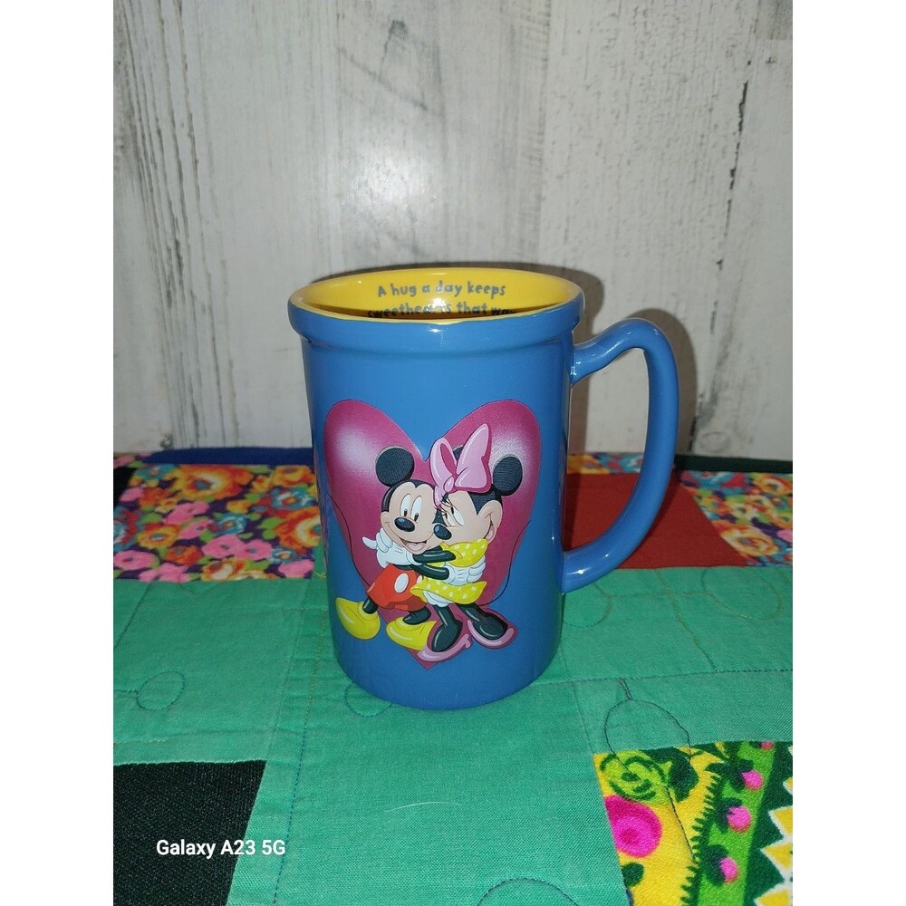 DISNEY Mickey Minnie Mouse Coffee Mug Blue A Hug A Day Monogram 5" X 3.5"